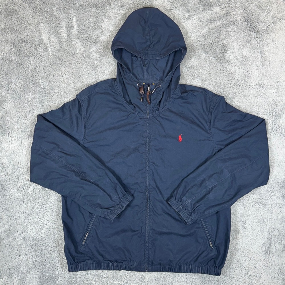 Polo Ralph Lauren Mens XXL Navy Blue Cotton Hooded Windbreaker Jacket Full Zip